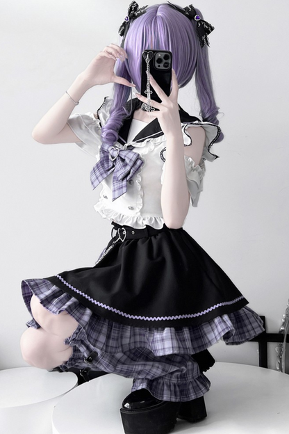 Set Sailor Flared Check Top + Skirt Mine