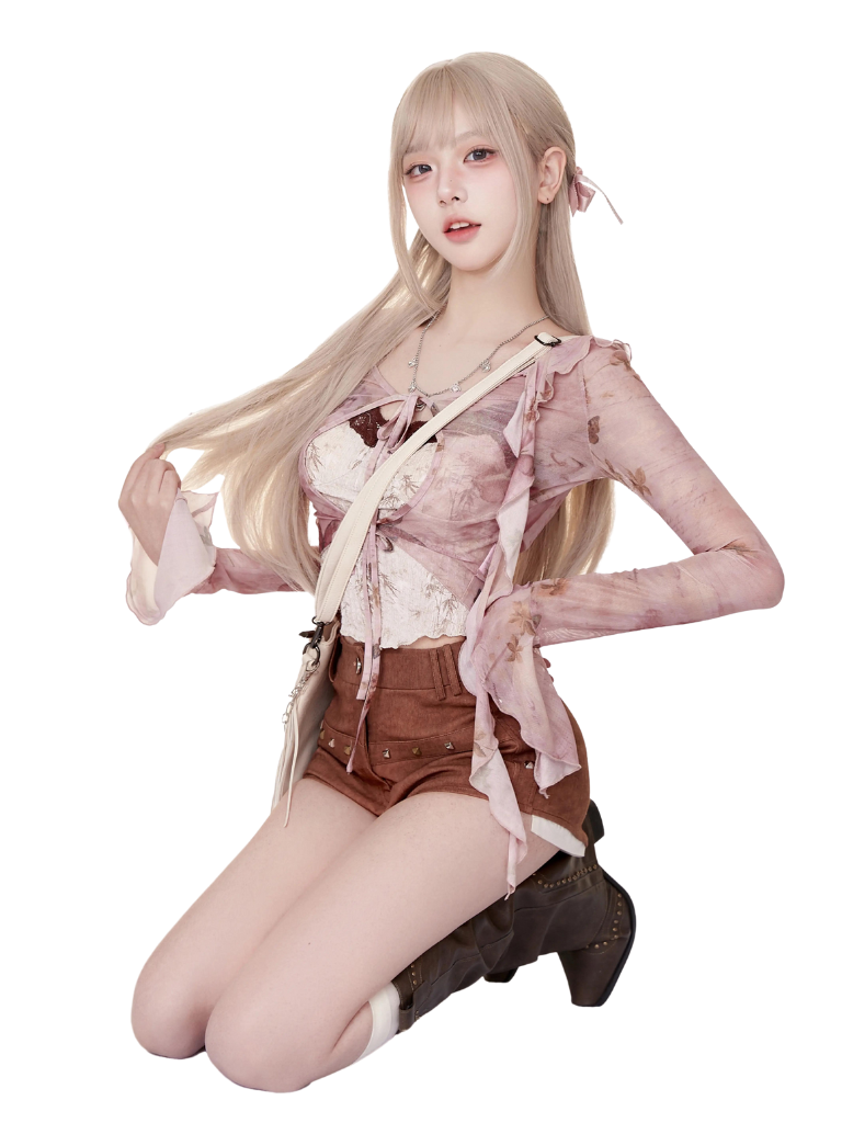 Coffee + Beige + Suspender Pink Top Moulin Shorts Butterfly Cardigan Broken