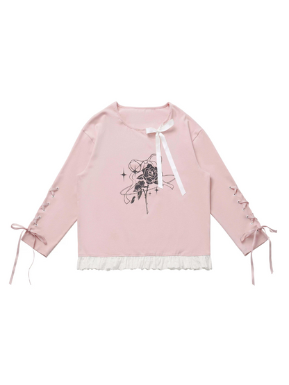 Ensemble haut en dentelle blanc et jupe fleurie rose