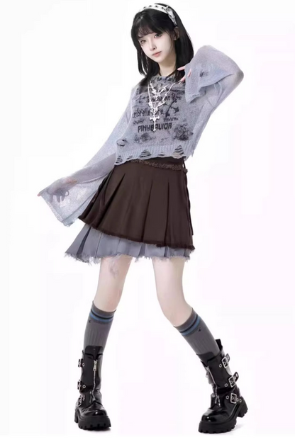 skirt + blue bustier top dark check y2k asymmetrical