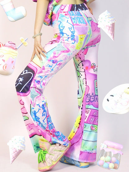 Cartoon Silhouette Pants Flare Print Y2K Colorful
