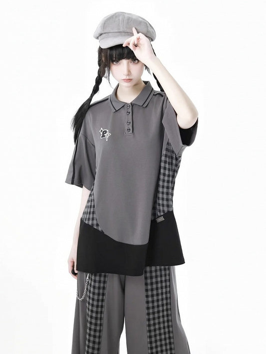 Gray Plaid Patchwork Design Polo Collar Loose Casual T-Shirt