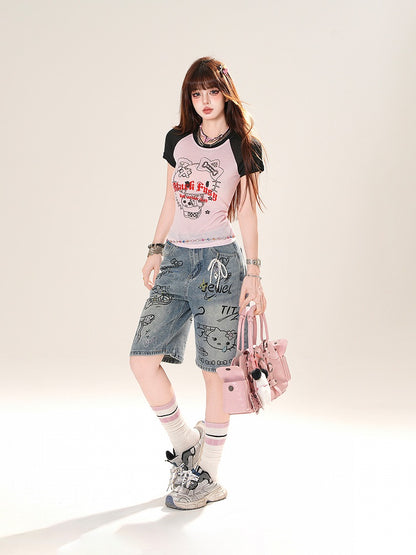 Gray/Pink Colorblock Design Kitty Print T-Shirt