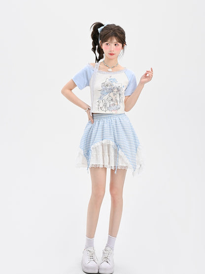 Light Blue Design Anime Girl Print T-Shirt Colorblock Short/Long Version