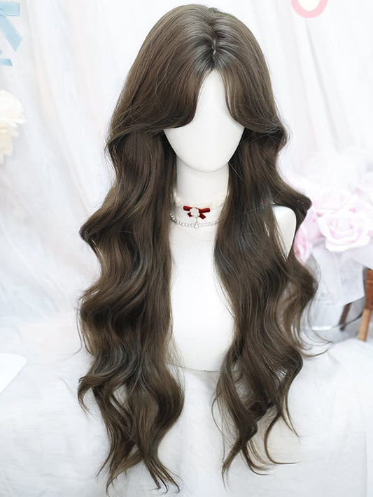 65-70CM Waist Bangs With Tea Length Curtain Wig Wavy Brown/Black