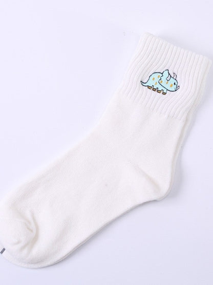 Caramel/White/Black Cute Rhino Embroidered Calf Socks