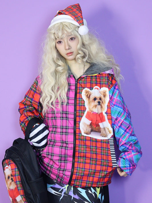 Weihnachts-Y2K-Farbenfrohe Oversize-Kapuzenjacke mit Fleecefutter, Karomuster und Welpen-Print