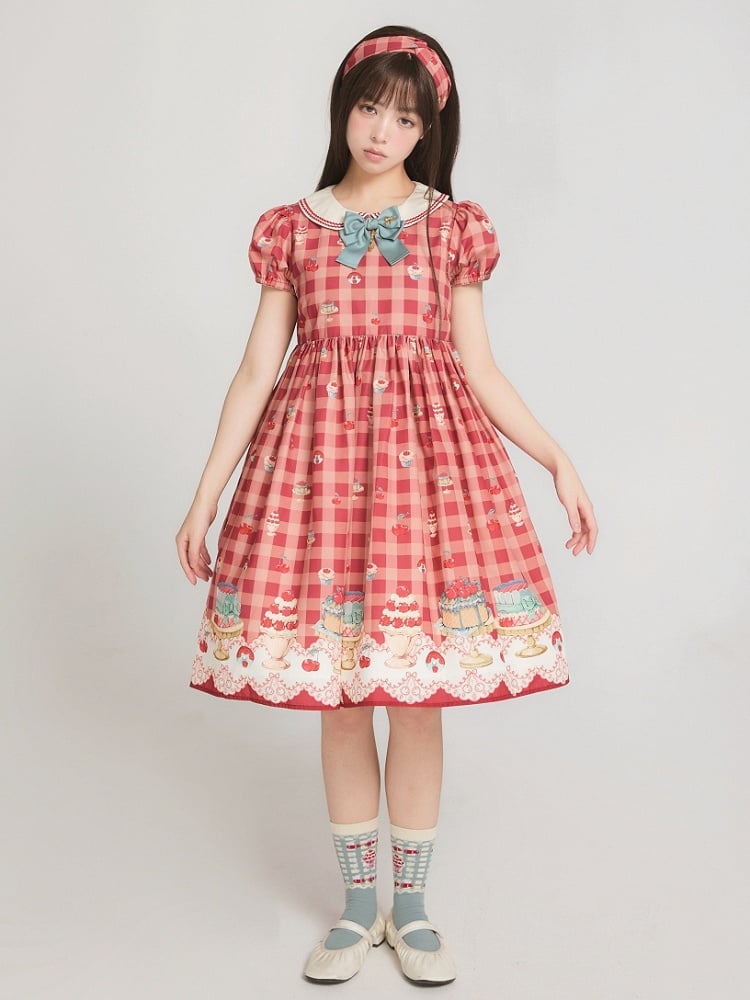 Red High Waist Cherry and Dessert Sweet Lolita Gingham Dress