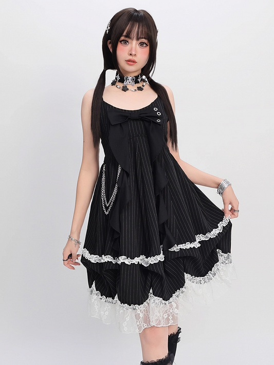 Skirt Cami Dress Big Bow Neckline Black with Striped Waist Detachable Chain Bubble