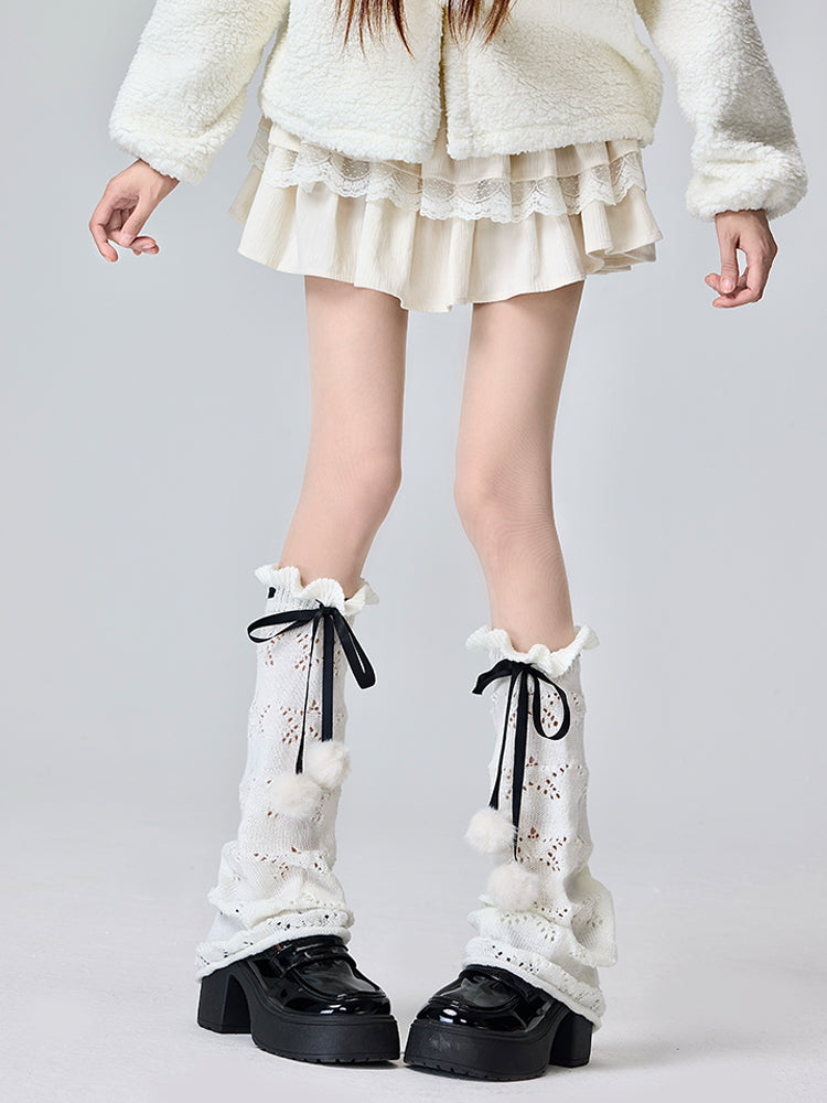 White/Black Lolita Ribbon Bowknot Ruffled Cuff Leg Warmers With Pompons