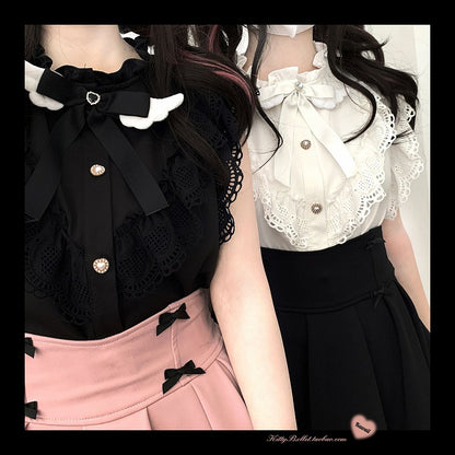 Ärmel Bow Kei und Flatter mit Krawatte Jirai Herzförmige Trim Bluse Schwarz/Weiß Flügelspitze