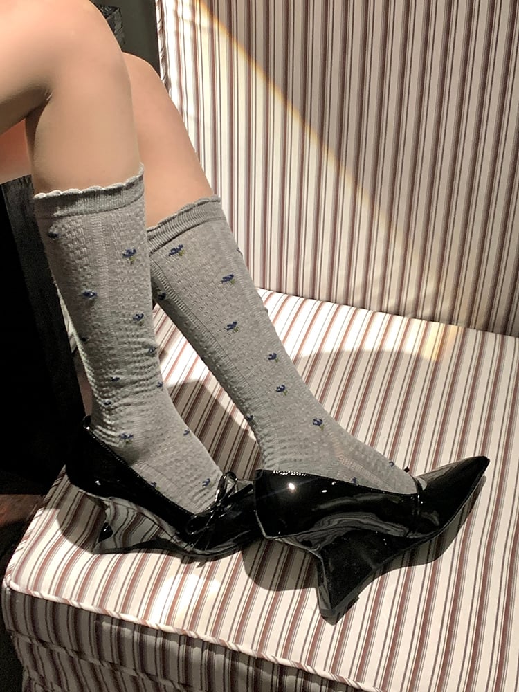 Floral Gray/White/Wine Stockings Under-knee Pattern Red/Black