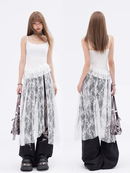 White Contrast Lace Patches Glamorous Cami Top Tiered Ruffles