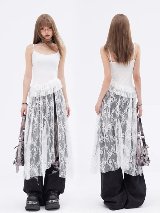 White Contrast Lace Patches Glamorous Cami Top Tiered Ruffles