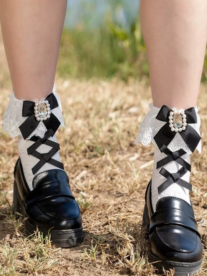Cuffs Socks Rhinestone Bowknot Kei Jirai Lace Calf Details White/Black