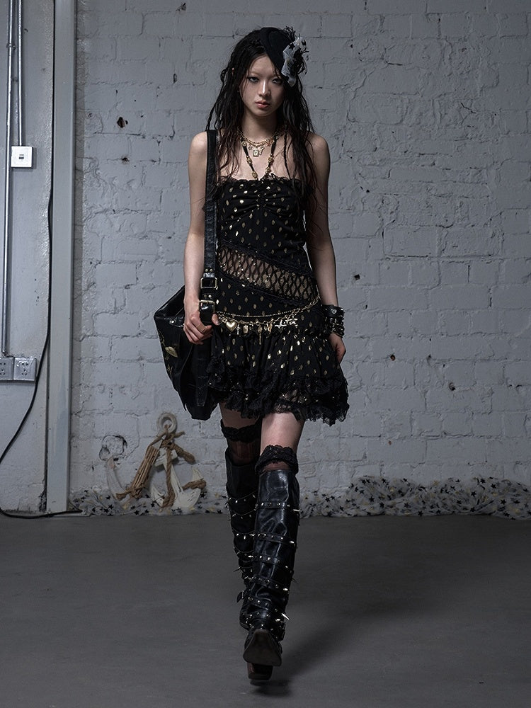 Beige/Black Neck Waist Polka-dot Vintage Halter Lace Patches