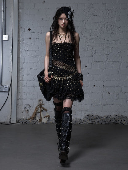 Beige/Black Neck Waist Polka-dot Vintage Halter Lace Patches