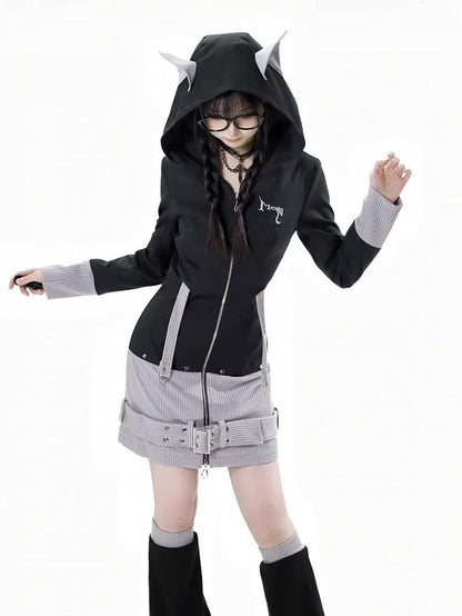 Black Strap and Design Hood Colorblock Wolf Ears Buckle Zip Closure Dress Gray Knit