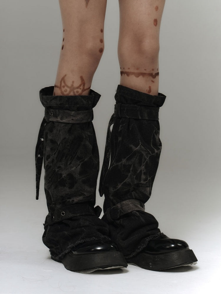 Black and Gray Buckles Denim Leg Warmers