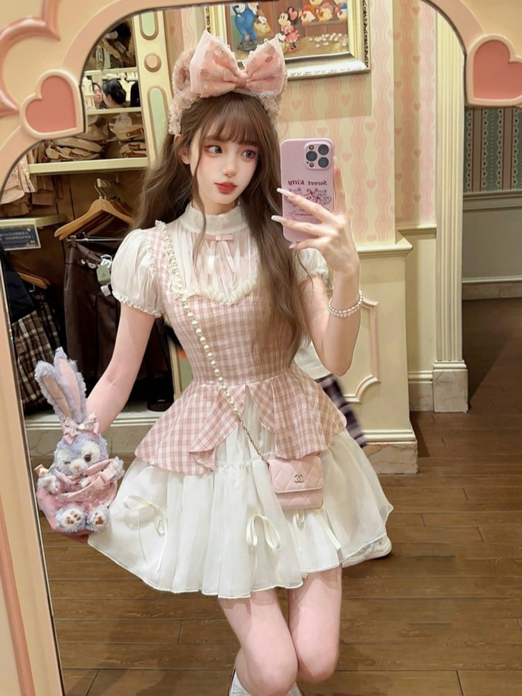 Mit zweiteiligem Faux Pink Kleid Muster Plaid Weiß