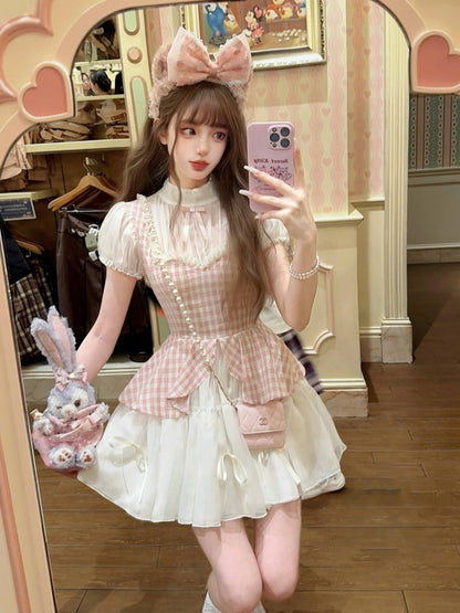 Mit zweiteiligem Faux Pink Kleid Muster Plaid Weiß