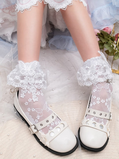 Lace Trim Butterfly Sweet Print White Single-layer Socks Ankle