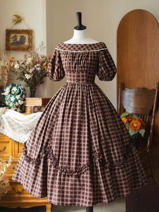 Short Dress Retro Red Neckline Fashion Cottagecore Sleeves Plaid Off-the-shoulder