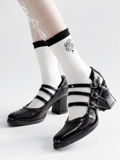 Snakeskin Gothic Lolita Black 6.5cm Buckles Block 3 Pattern with Heels