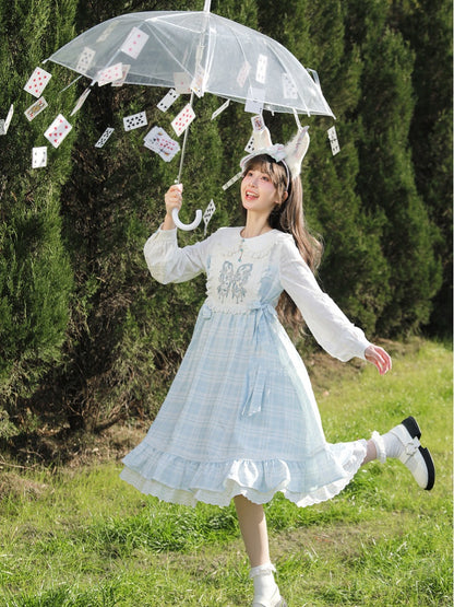 Robe Mori Kei brodée de papillons à carreaux bleus et blancs, style Alice au pays des merveilles