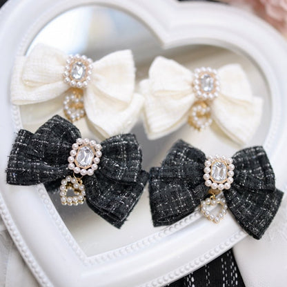 Jirai Kei White/Black Rhinestone and Beaded Heart Bowknot Hairclips