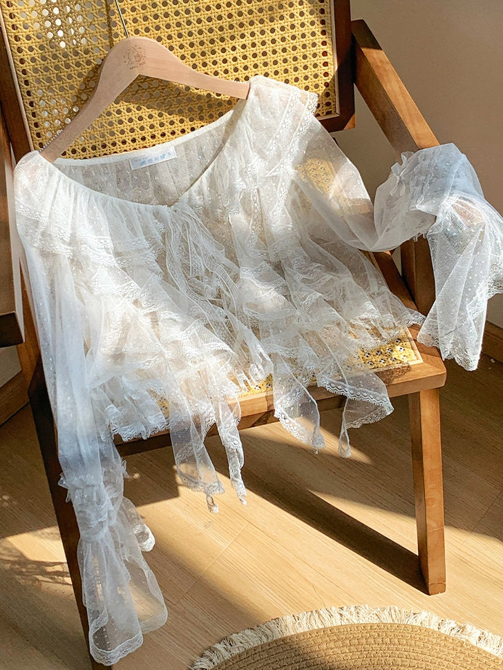 Sheer Dotted Cascading Trim Top White Ruffle Tulle Sleeves Long