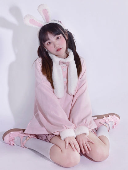 Pink Cute Bunny Ears Plush Collar Sweatshirt
