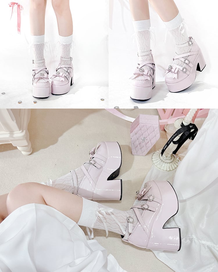 Polished Pink Jirai Kei Bow Rhinestone Platform High Block Heels