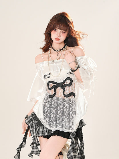 Black/White Big Off-the-shoulder T-shirt Lace Bow Patches Print Waist