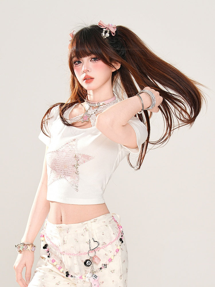 Glamorous Neck Star Print White Halter Lace Cropped T-Shirt