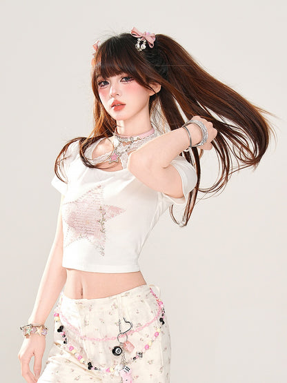 Glamorous Neck Star Print White Halter Lace Cropped T-Shirt