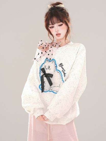 White/Blue Cute Kitty Applique Cutout Shoulder Sweatshirt Self-tie Ribbon