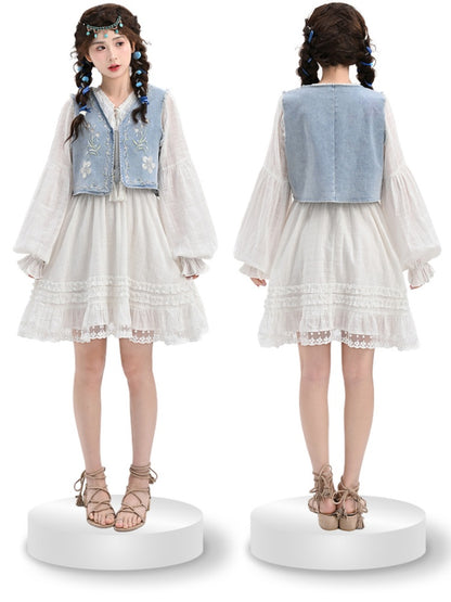 Blue Denim Vest Wash Distressed Embroidery Faded Floral