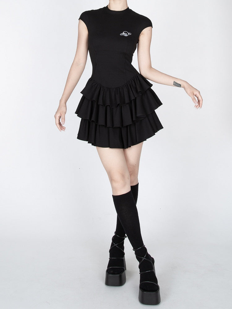 Black/White Tiered Ruffles Mini Skirt Short Sleeve Dress