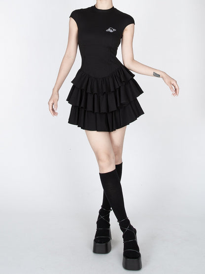 Black/White Tiered Ruffles Mini Skirt Short Sleeve Dress