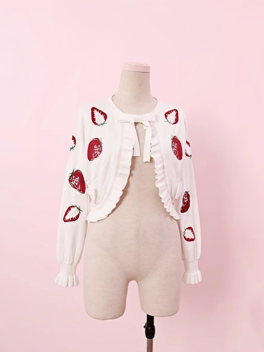 Sweet Cardigan Strawberry Print Beige Ruffled Hem Lolita