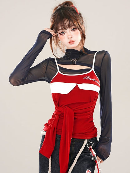 Navy Blue Cutout Detail Mock Neck Mesh Top
