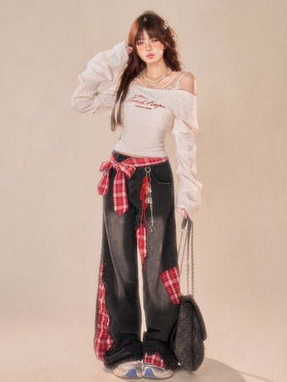 Gray Wide Leg Jeans with Red Plaid Waist Belt