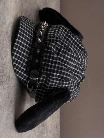 Verzierte Welpen Baskenmütze Hut Nieten Design Plüsch Ohr Schnalle Schwarz Gothic