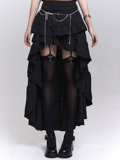 Black Cascading Flounce Trim High-low Skirt