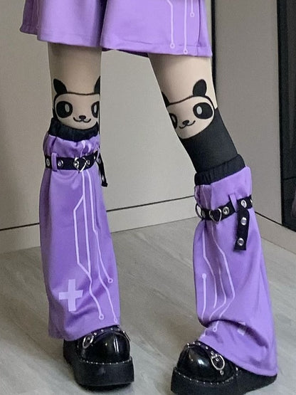 Yami Kawaii Purple&Black Cross Heart Buckle Straps Leg Warmers