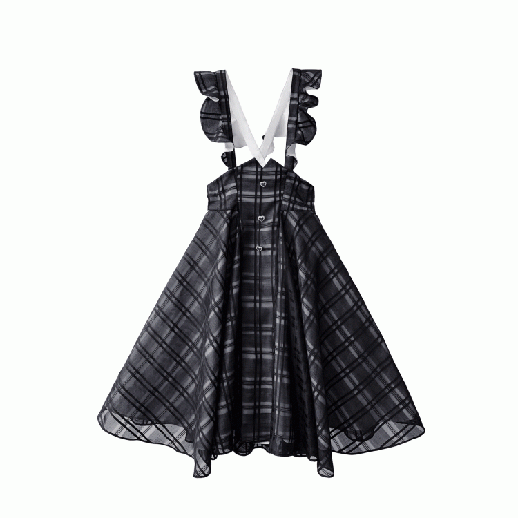 Basque with Jirai Overall Dress in Kei Black Plaid Long Waist Inverted Flutter Sleeves Version