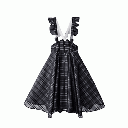 Basque with Jirai Overall Dress in Kei Black Plaid Long Waist Inverted Flutter Sleeves Version