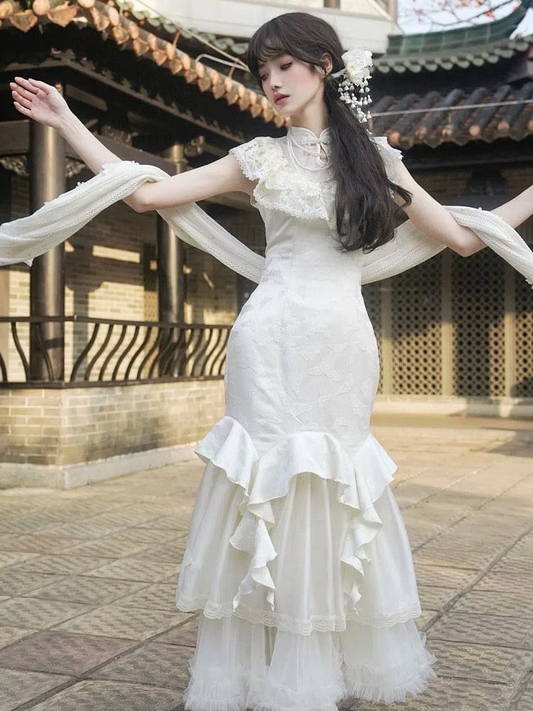 Ruffle Mermaid Butterfly Jacquard Trim Dress Qi Qipao Lolita Cascading Collar
