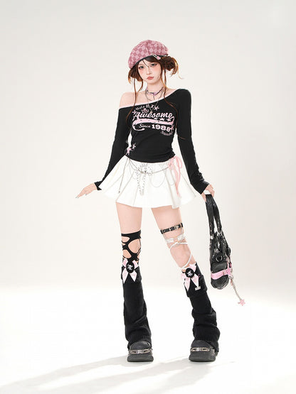 Black/White Asymmetrical Neckline Drawstring Waist Graphic Top